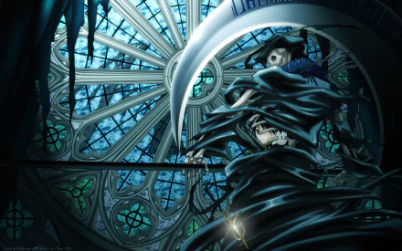 HD PC desktop wallpaper featuring a dark, detailed anime scene from 07 Ghost with intricate stained-glass windows and a cloaked character holding a large weapon.