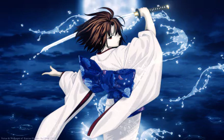 HD PC desktop wallpaper featuring an anime scene from The Garden of Sinners, showing a character in a white kimono wielding a sword against a dark, watery background.