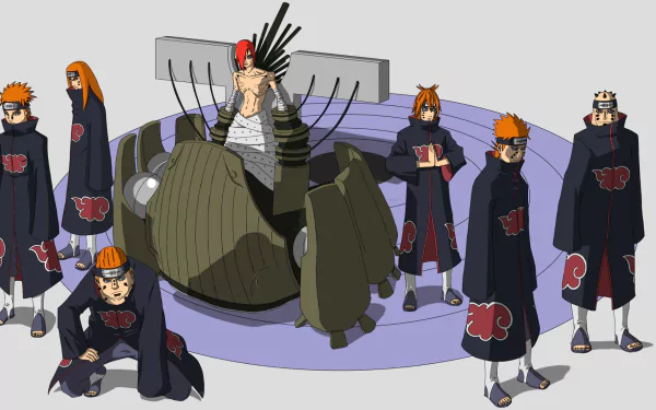A striking HD wallpaper featuring Nagato and Pain from Naruto, surrounded by fellow Akatsuki members in a dynamic, colorful anime setting.