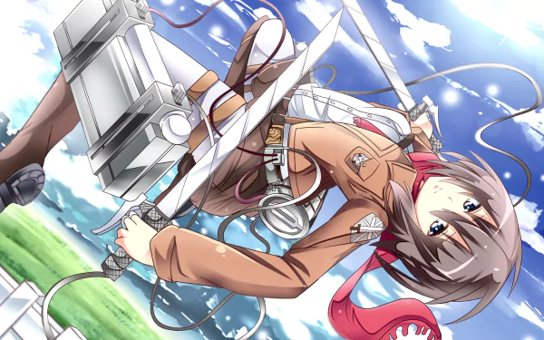 HD wallpaper featuring Mikasa Ackerman from Attack on Titan, striking a dynamic pose with swords against a vibrant sky and green landscape.