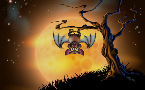 4K Ultra HD Halloween desktop wallpaper featuring a cartoon bat hanging from a twisted tree against a glowing full moon and starry night sky.
