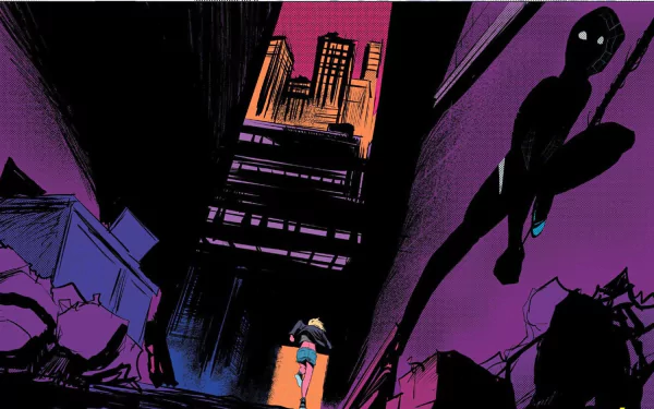 Spider-Woman, also known as Gwen Stacy, dashes through a gritty alleyway in this vibrant comic-style HD wallpaper featuring Spider-Gwen's dynamic urban world.