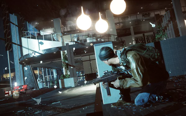 Crouched soldier aiming a rifle in a shattered office atrium with cinematic lighting and debris — Battlefield 4 video game scene rendered as a 5K Ultra HD PC desktop wallpaper/background.