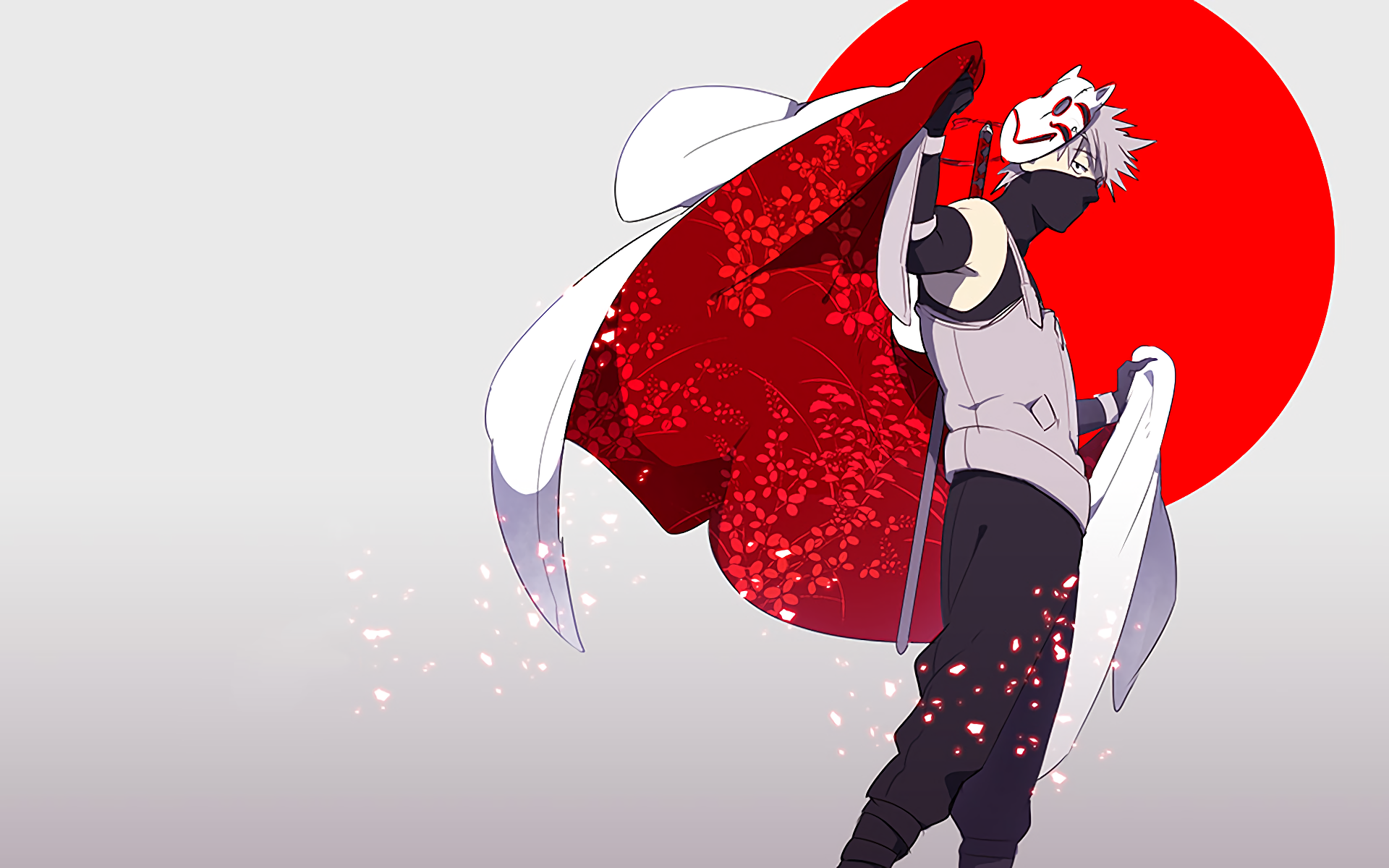 HD desktop wallpaper featuring Kakashi Hatake from the anime Naruto, with dynamic red and white elements against a minimal background and a bold red sun.