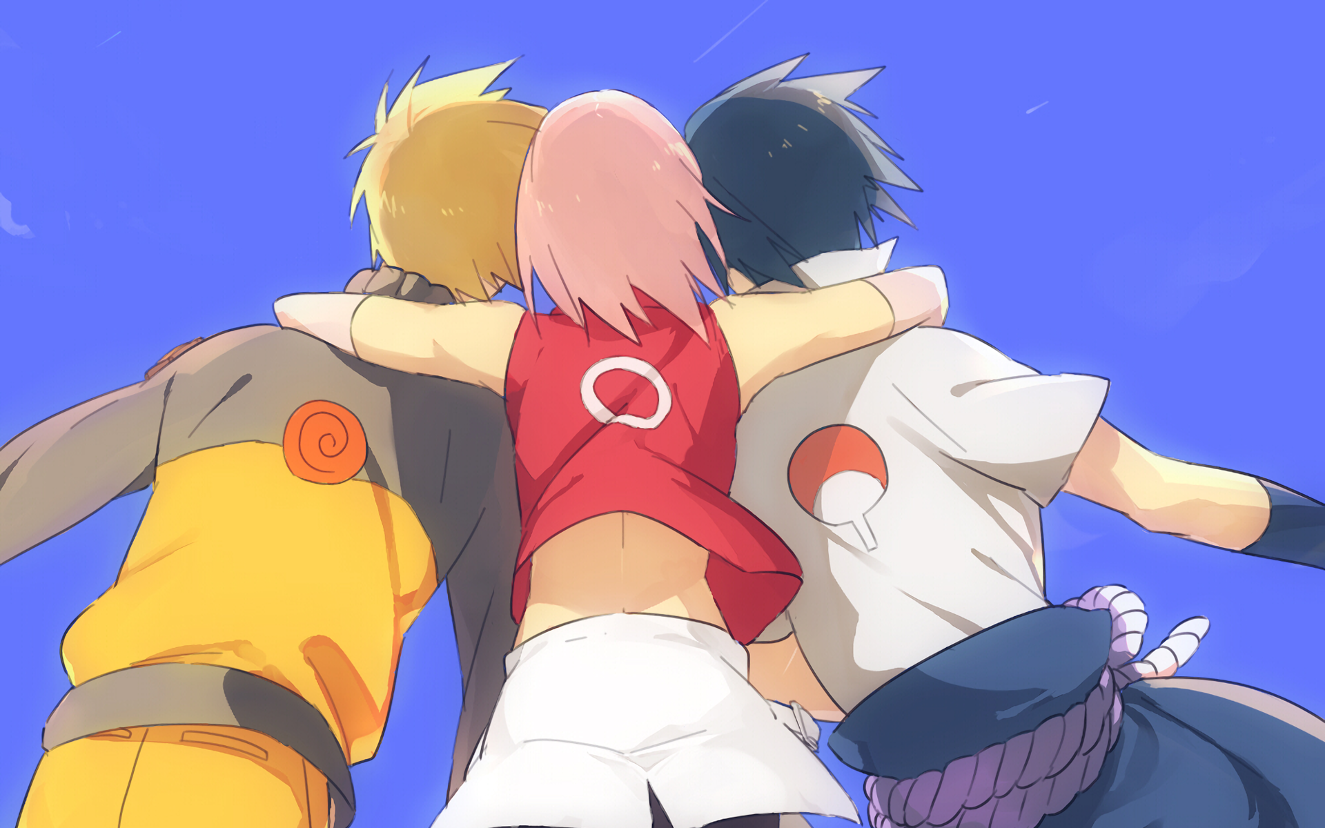 Sasuke Uchiha, Sakura Haruno, and Naruto Uzumaki stand together, embracing friendship against a vibrant blue background in this HD anime wallpaper from Naruto.