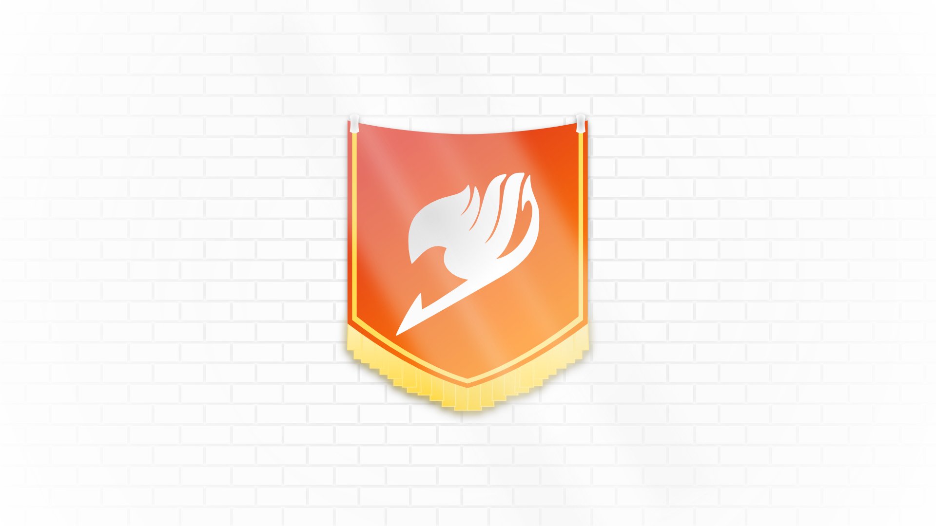 HD PC desktop wallpaper featuring the bright orange Fairy Tail guild emblem from the anime series Fairy Tail against a white brick wall background.