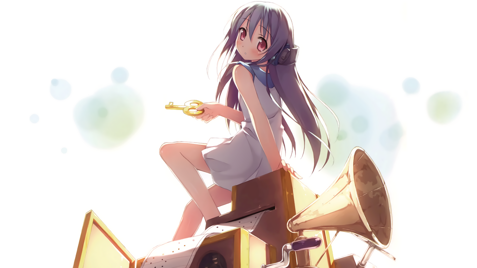 A vibrant anime girl sits on vintage speakers, holding a yellow key, against a soft, light-colored background. This HD image makes an engaging desktop wallpaper.