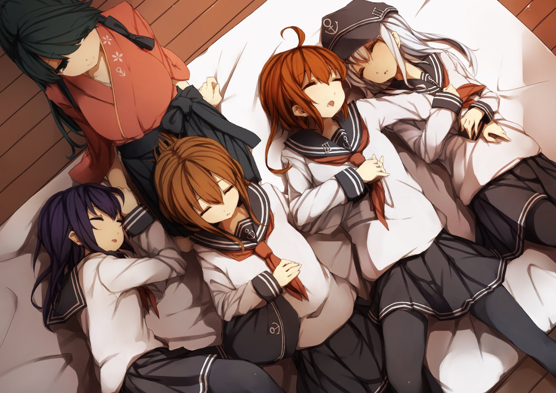 HD PC desktop wallpaper featuring anime-style characters from Kantai Collection, showing five girls in school uniforms peacefully sleeping together.