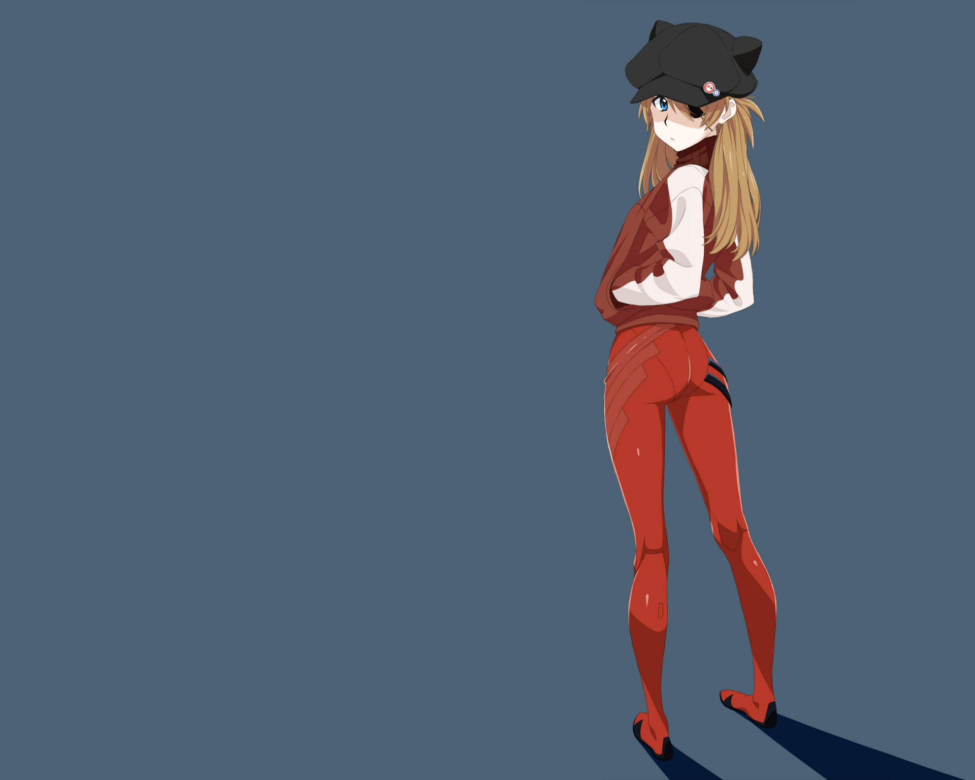 HD desktop wallpaper: Asuka Shikinami Langley (Evangelion: 3.0) in a red plugsuit and cap, standing with arms crossed against a muted blue background.