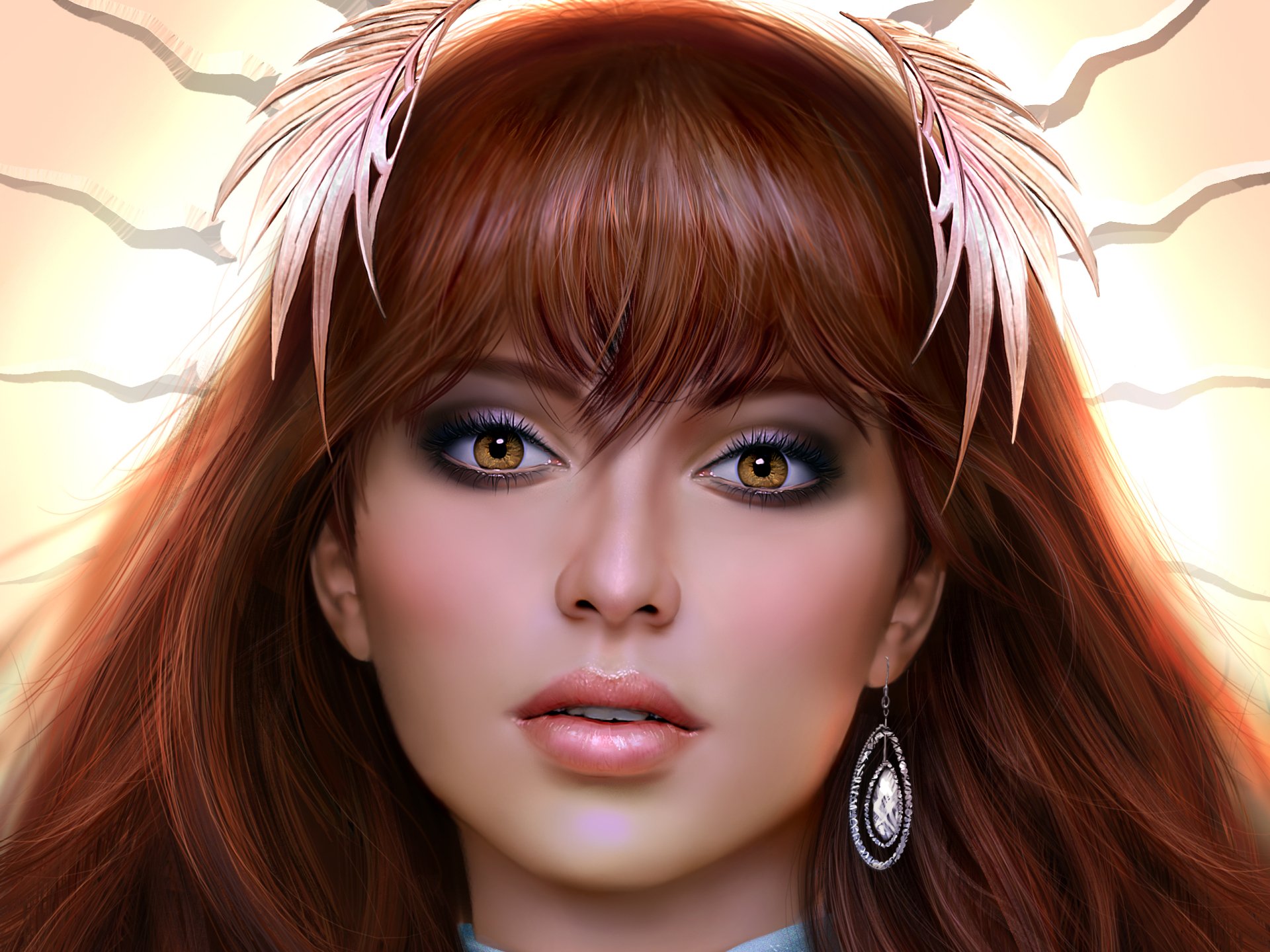 HD fantasy PC wallpaper of a brunette woman with striking yellow eyes, detailed face, and ornate earrings, framed by soft glowing light and ethereal feathers.