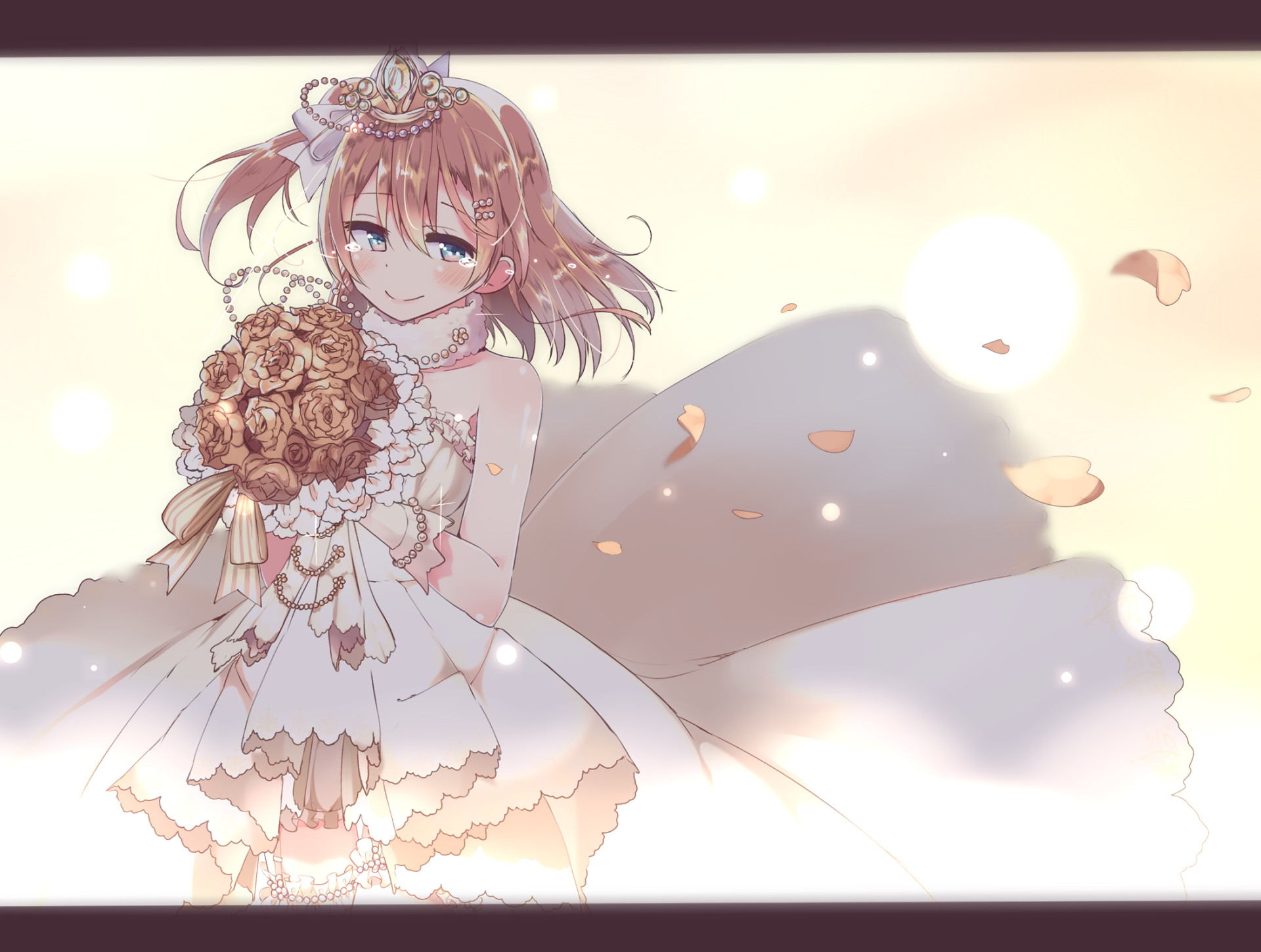 Honoka Kousaka from Love Live! (anime) in a white wedding dress holding a bouquet, soft backlight and drifting petals — HD PC desktop wallpaper/background.