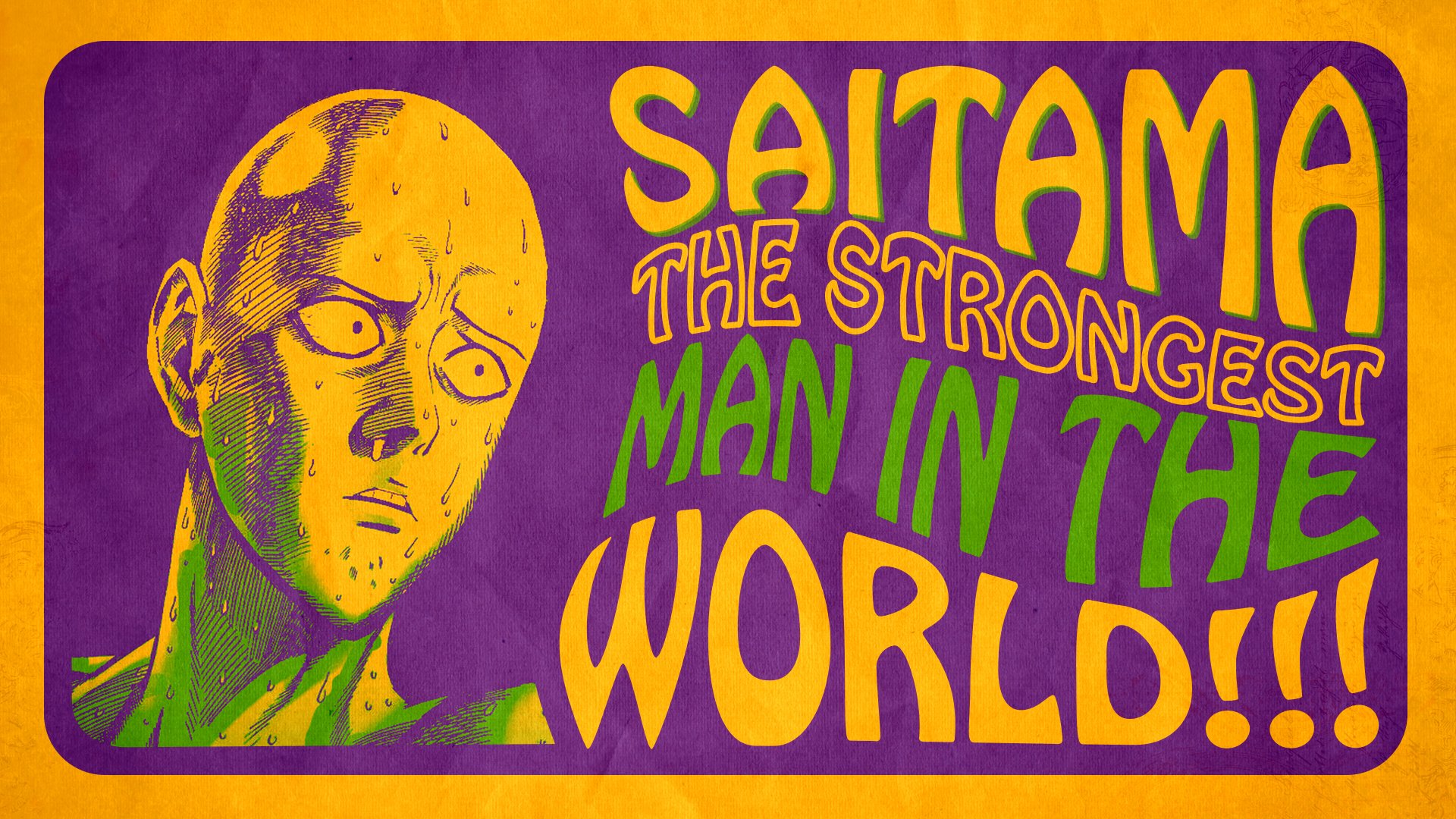 HD anime desktop wallpaper featuring Saitama from One-Punch Man with the bold text Saitama The Strongest Man In The World!!! in vibrant colors.
