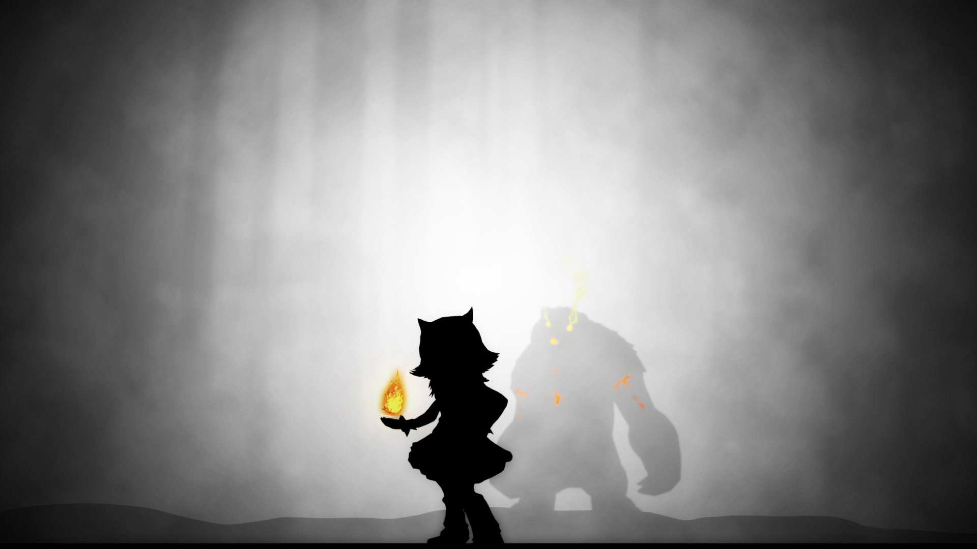 2K Quad HD PC desktop wallpaper: silhouette of Annie (League of Legends) holding a glowing flame with Tibbers' shadow looming behind — League of Legends video game.