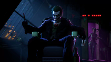 A high-definition wallpaper featuring the Joker from the video game Batman: Arkham Origins, seated confidently with a menacing expression and holding a weapon.
