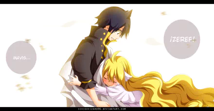 Zeref Dragneel and Mavis Vermilion embrace in this HD wallpaper from the anime Fairy Tail, capturing a poignant moment between the beloved characters.