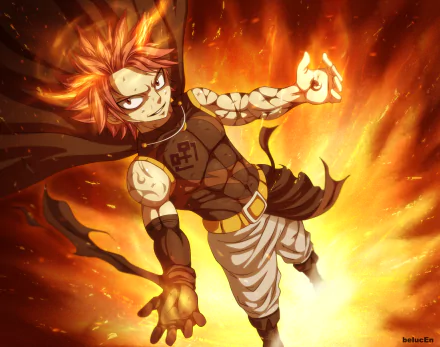 Natsu Dragneel from the anime Fairy Tail is depicted in this HD desktop wallpaper, showcasing him in a dynamic pose surrounded by fiery energy.