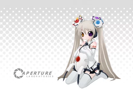 Chibi character inspired by Aperture Science from Portal video game, featured on an HD PC desktop wallpaper with a subtle patterned background.