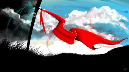 Artistic drawing of a red dragon perched on a hill with a black spear-like structure, set against a vibrant sky with clouds, designed as an HD PC desktop wallpaper.