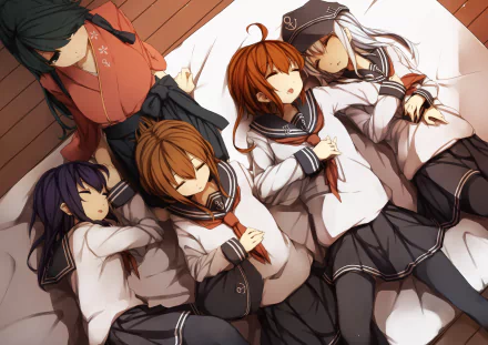 A cozy scene featuring characters from Kantai Collection, depicted in vibrant anime style, resting peacefully together on a bed, perfect for a HD PC desktop wallpaper.