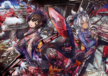 glasses kimono cat umbrella Musashi (Kancolle) Yamato (Kancolle) Anime Kantai Collection anime cat HD Desktop Wallpaper | Background Image