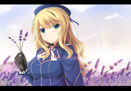 HD PC desktop wallpaper of Atago (Kancolle) from Kantai Collection anime: blonde girl in a blue naval uniform holding lavender in a sunlit field with a soft sky backdrop.