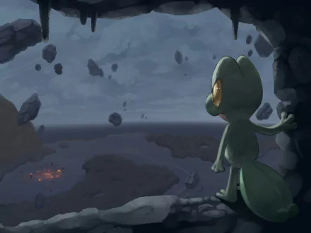 HD PC desktop wallpaper featuring Treecko from Pokémon Mystery Dungeon: Explorers of Time, standing at a cave entrance overlooking a dark, rocky landscape with floating debris.