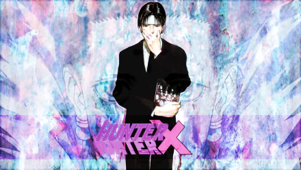 Chrollo Lucilfer from Hunter x Hunter stands confidently holding a glass, set against a colorful, abstract background. A vibrant HD wallpaper for anime fans.