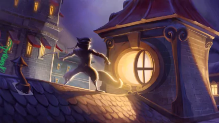Sly Cooper: Thieves in Time video game HD PC desktop wallpaper showing Sly silhouetted on a moonlit rooftop beside a glowing round attic window above a nighttime cityscape.