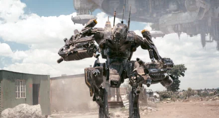 A powerful robotic figure stands in a dusty urban setting, inspired by the movie District 9. The backdrop features a hovering alien ship, showcasing striking sci-fi imagery.