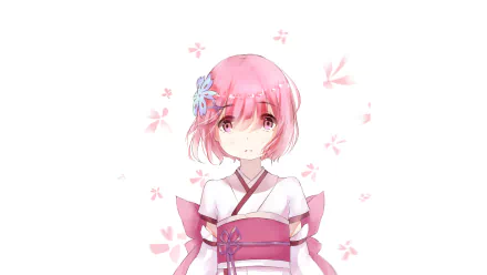 HD wallpaper featuring Ram from the anime Re:ZERO - Starting Life in Another World, showcasing her with a delicate pink hairstyle and traditional attire against a floral backdrop.