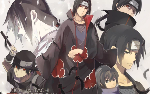 HD desktop wallpaper featuring multiple images of Itachi Uchiha from the anime Naruto.
