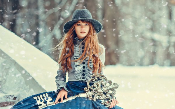 Women Anastasiya Scheglova Winter Snowfall Hat Model Redhead Key Dress HD Wallpaper | Background Image