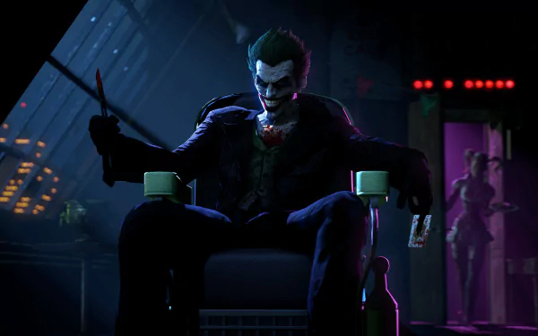 A high-definition wallpaper featuring the Joker from the video game Batman: Arkham Origins, seated confidently with a menacing expression and holding a weapon.
