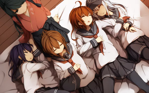 A cozy scene featuring characters from Kantai Collection, depicted in vibrant anime style, resting peacefully together on a bed, perfect for a HD PC desktop wallpaper.