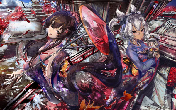 HD anime wallpaper featuring Musashi and Yamato from Kantai Collection in kimonos, with glasses, a cat, and a red umbrella in a detailed, vibrant setting.