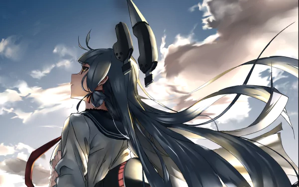 HD anime desktop wallpaper featuring Murakumo from Kantai Collection, showcasing her long dark hair flowing against a dramatic sky backdrop.