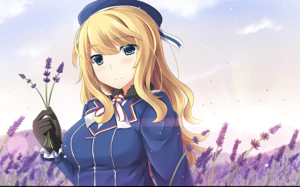 HD PC desktop wallpaper of Atago (Kancolle) from Kantai Collection anime: blonde girl in a blue naval uniform holding lavender in a sunlit field with a soft sky backdrop.