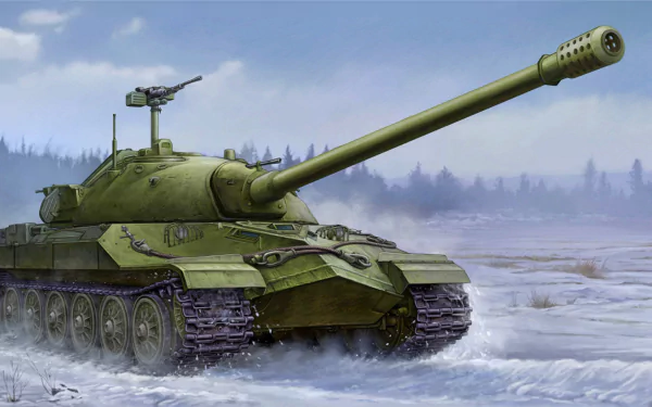 HD desktop wallpaper of a green IS tank family military tank positioned on icy terrain with a foggy, forested background.