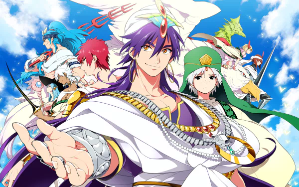 HD PC desktop wallpaper featuring vibrant characters from the anime Magi: The Labyrinth of Magic against a bright blue sky backdrop.