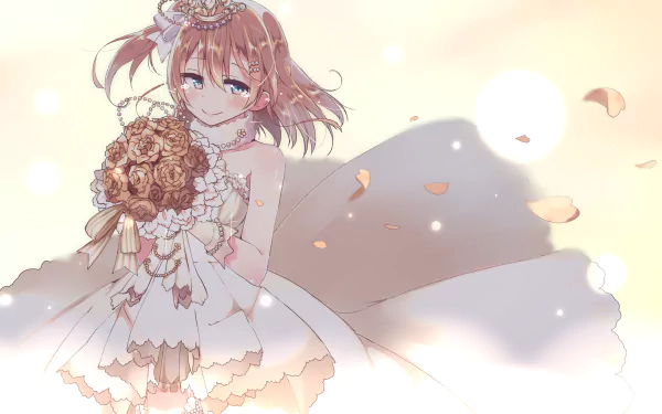 Honoka Kousaka from Love Live! (anime) in a white wedding dress holding a bouquet, soft backlight and drifting petals — HD PC desktop wallpaper/background.