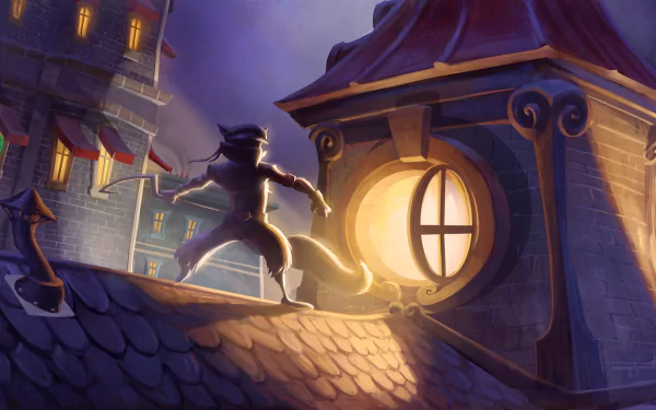 Sly Cooper: Thieves in Time video game HD PC desktop wallpaper showing Sly silhouetted on a moonlit rooftop beside a glowing round attic window above a nighttime cityscape.