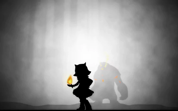2K Quad HD PC desktop wallpaper: silhouette of Annie (League of Legends) holding a glowing flame with Tibbers' shadow looming behind — League of Legends video game.