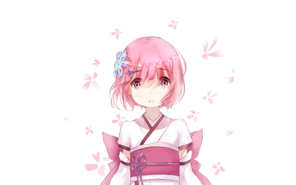 HD wallpaper featuring Ram from the anime Re:ZERO - Starting Life in Another World, showcasing her with a delicate pink hairstyle and traditional attire against a floral backdrop.