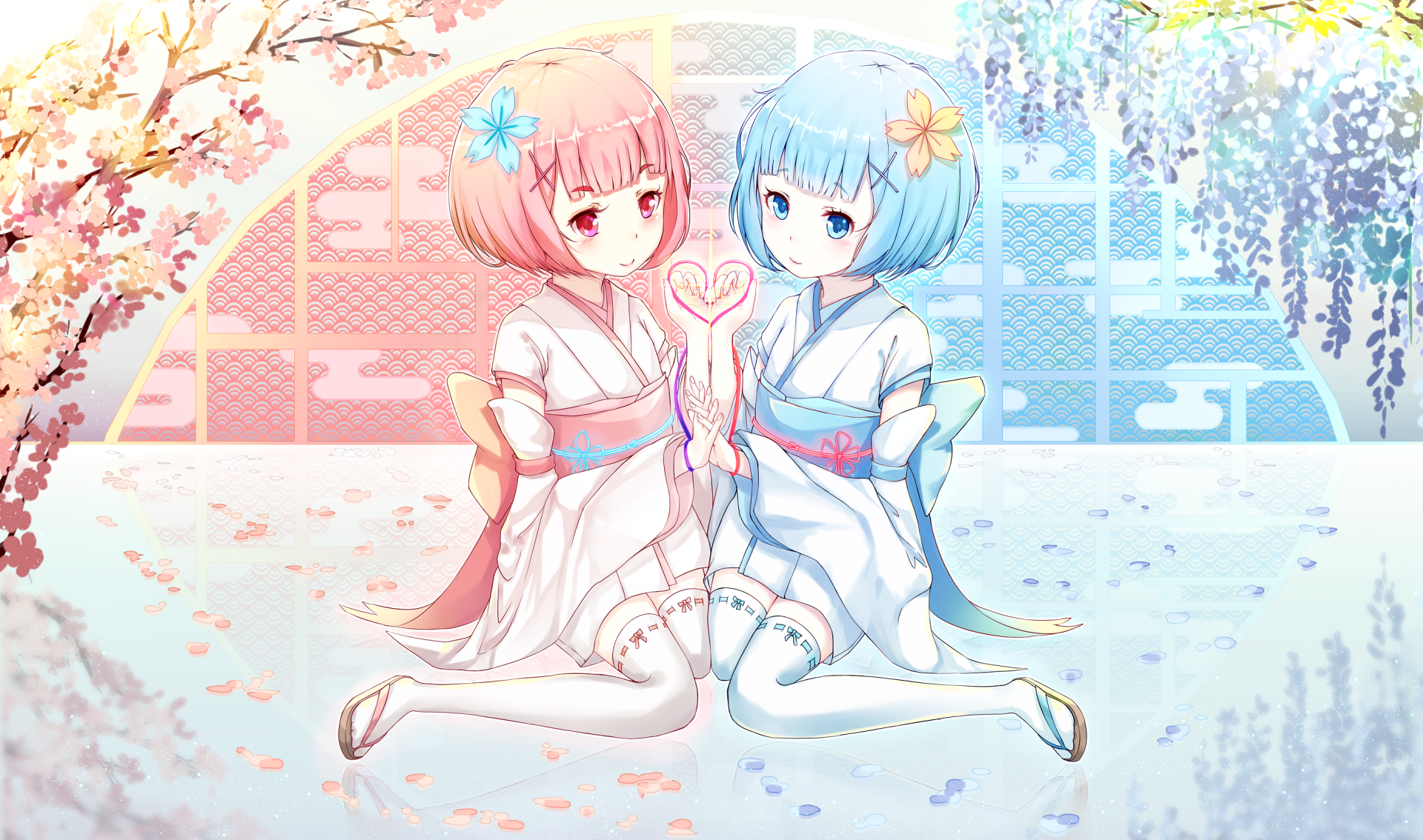 HD wallpaper of Rem and Ram from Re:ZERO, featuring the twin maids dressed in traditional attire, surrounded by a colorful backdrop of flowers and ornamental designs.