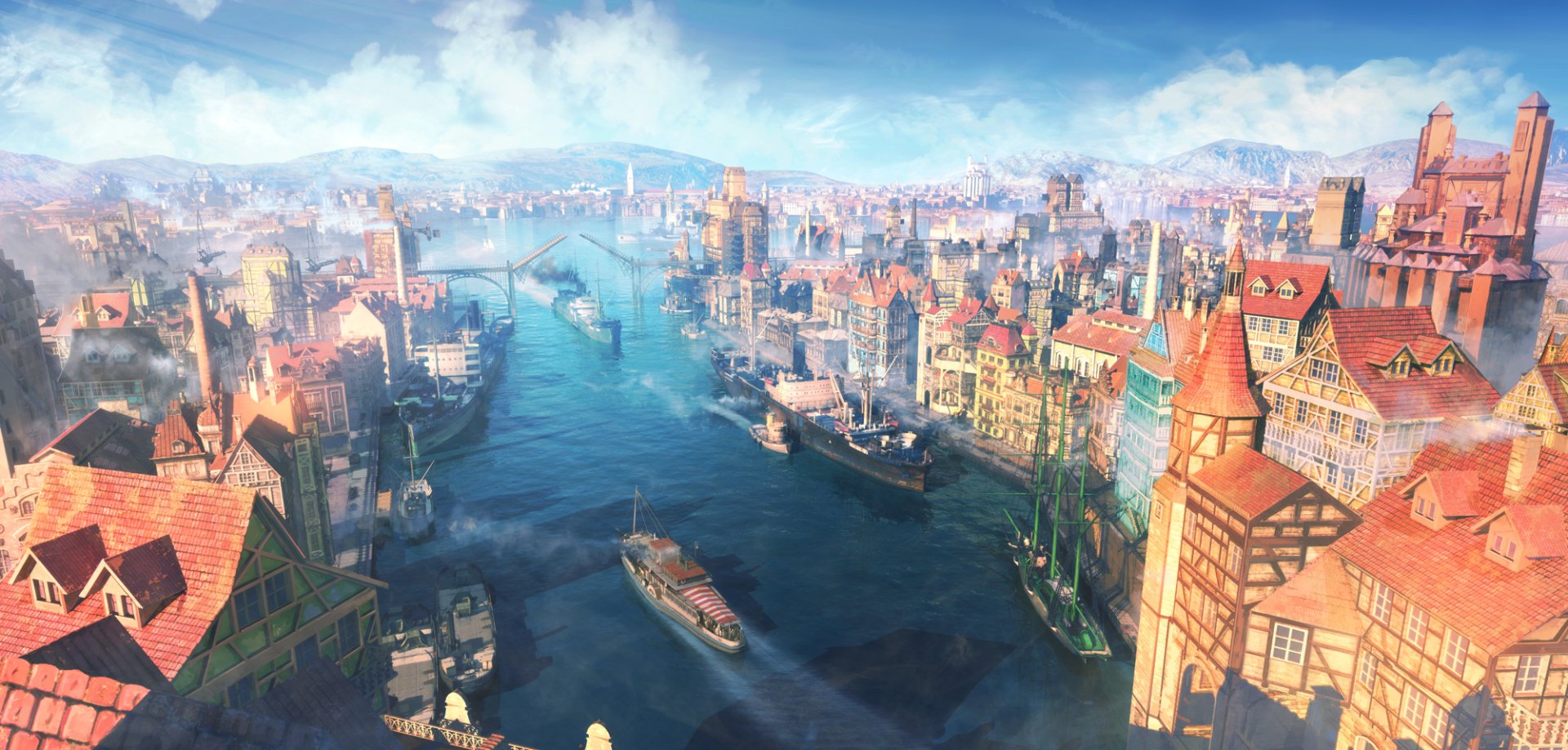HD anime cityscape wallpaper featuring a vibrant river running through a bustling city with detailed buildings and ships under a bright sky.