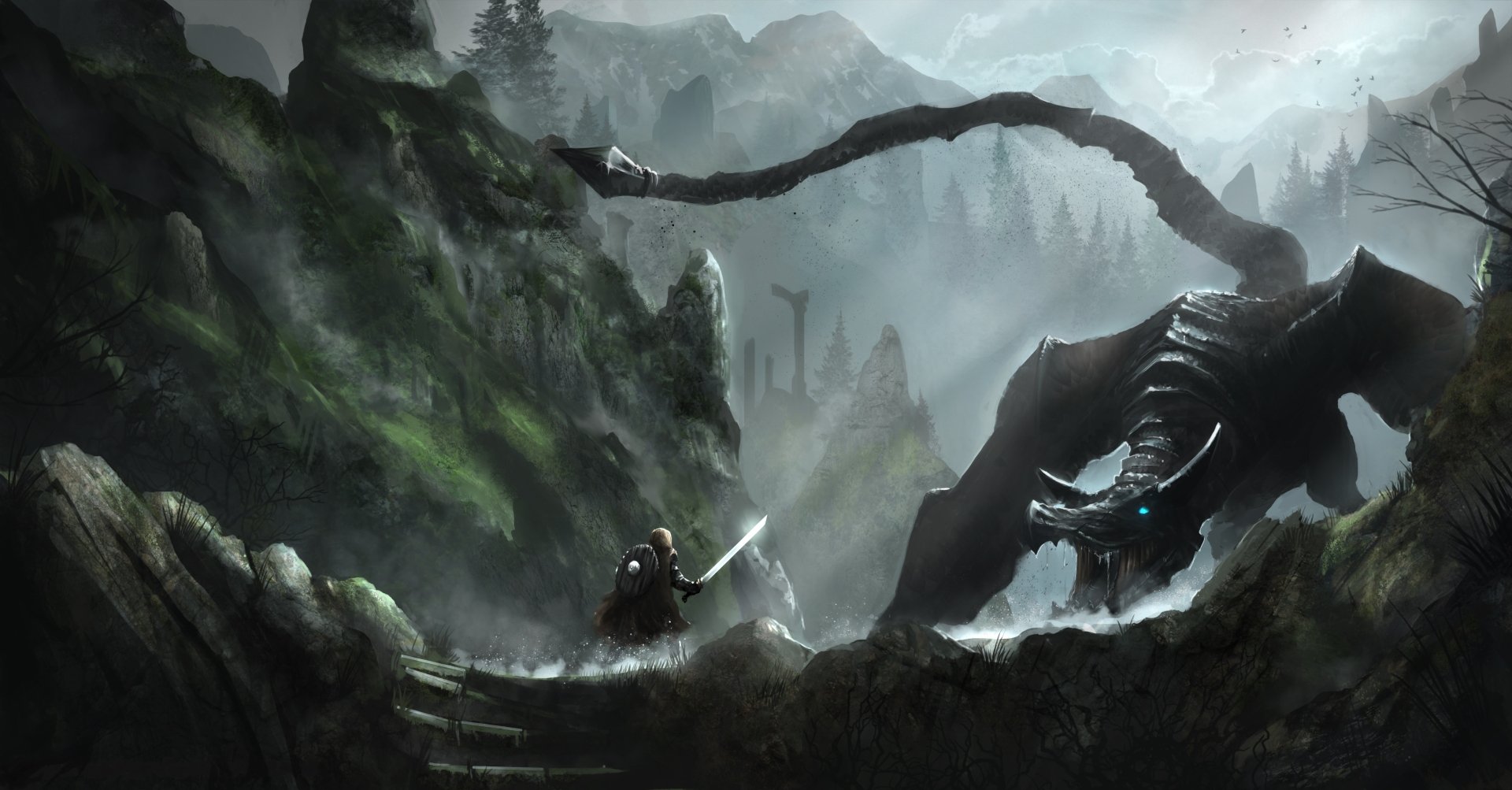 A fantasy warrior confronts a fierce dragon in a dramatic landscape, capturing the intense battle atmosphere of The Elder Scrolls V: Skyrim in stunning 4K Ultra HD.