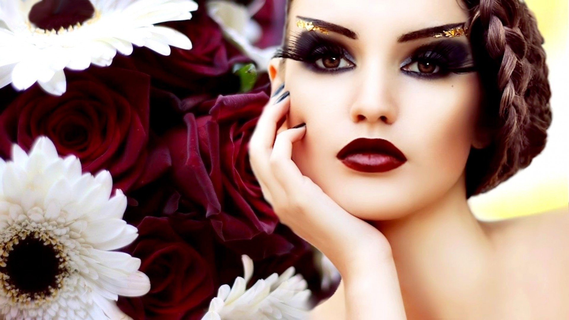 Download Brown Eyes Lipstick Flower Makeup Woman Face  HD Wallpaper