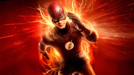 HD wallpaper featuring Barry Allen as The Flash, portrayed by Grant Gustin, showcasing the character in action with vibrant energy effects.