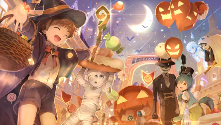Cute anime Halloween wallpaper featuring a witch, mummy, and various characters under a night sky with a bat and moon. Festive jack-o'-lanterns and decorations create a lively atmosphere.