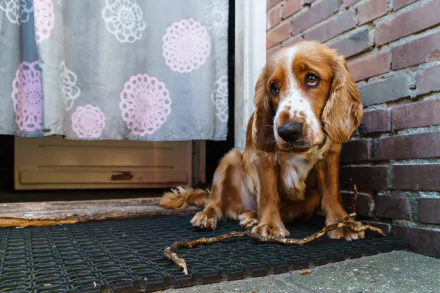 HD desktop wallpaper of a cocker spaniel dog wearing a muzzle, sitting on a mat outside a brick-walled doorway with patterned curtains in the background.